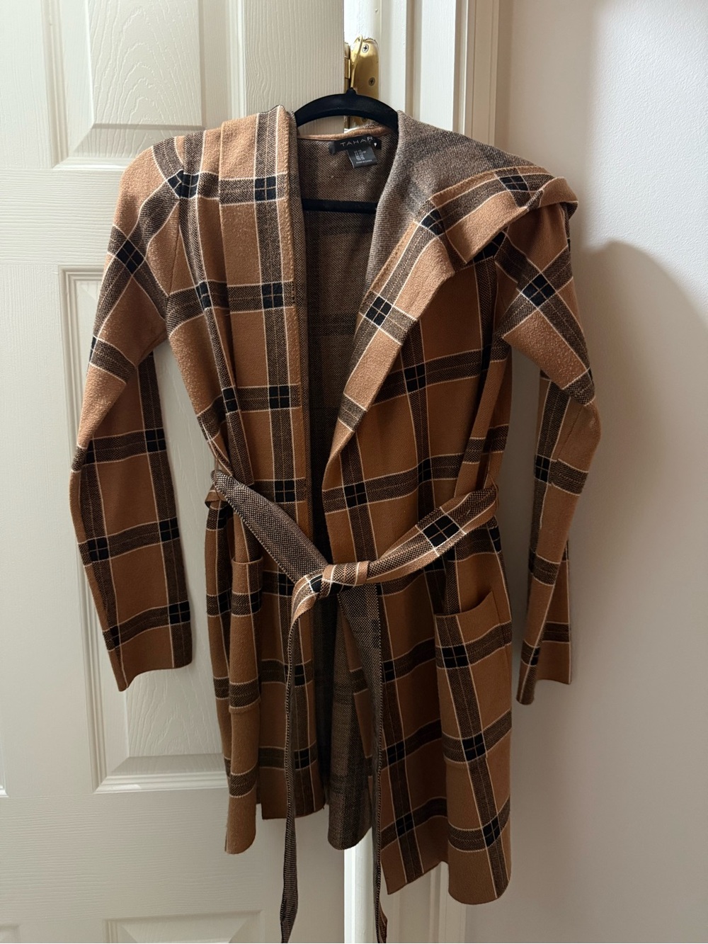 Tahari Brown Plaid Open Front Belted Coat